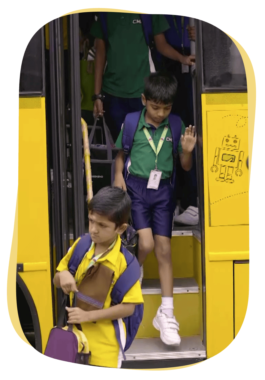 School children in uniform getting down from a school bus illustrate the transportation facilities at Chandramari International School.