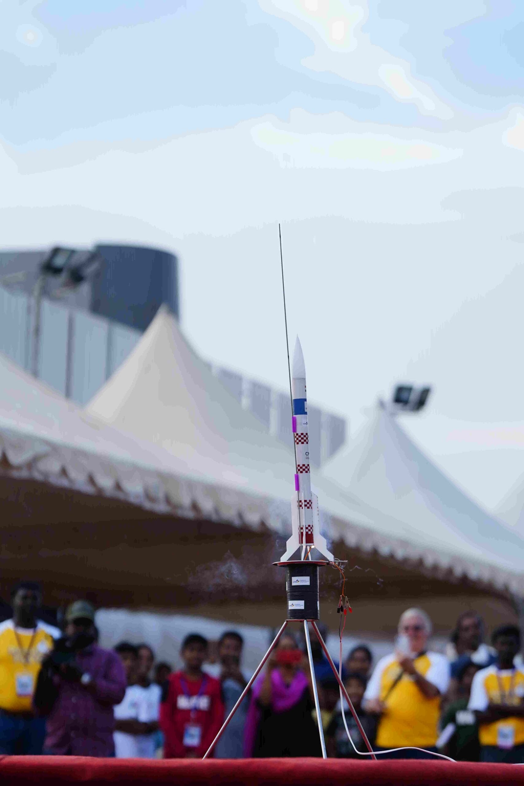 Close-up view of the rocket model in the launch pad.