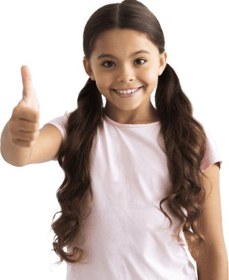 Smiling happy girl showing thumbs-up.
