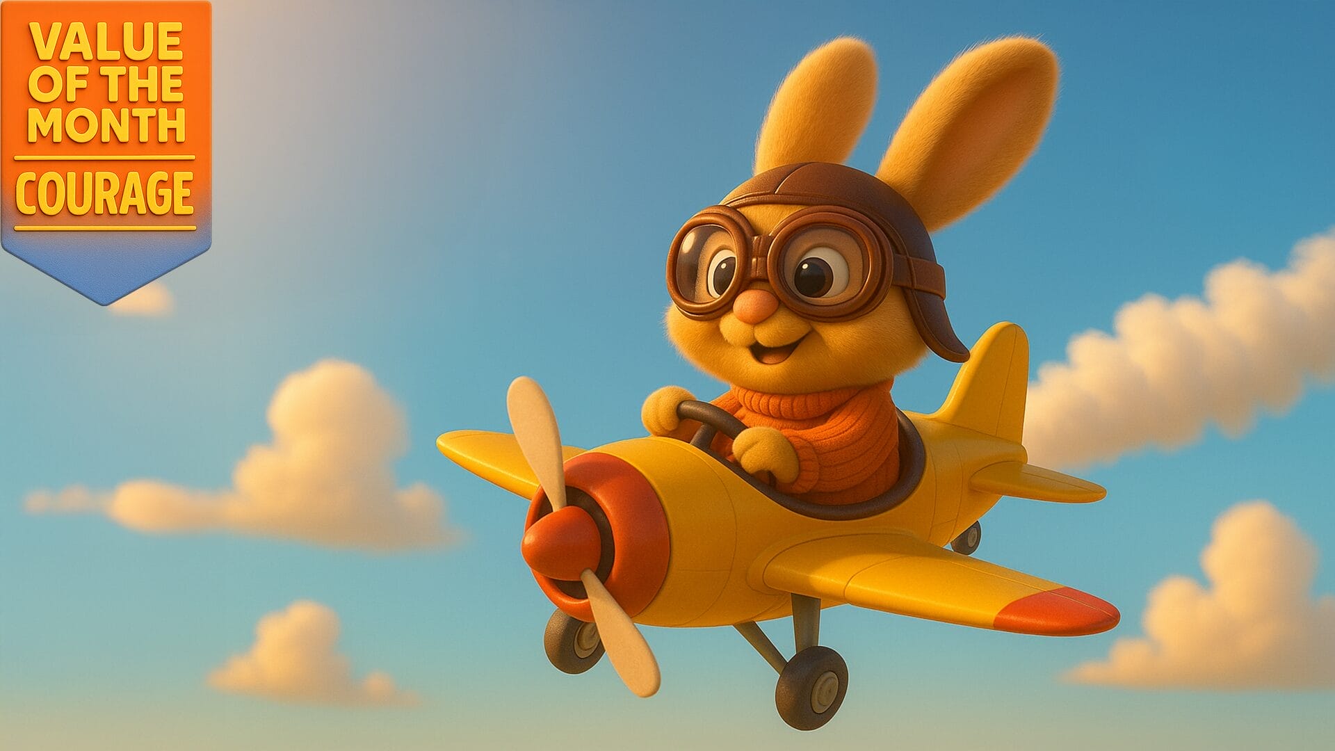Cartoon bunny pilot flies yellow plane “Value of the Month: Courage in CMIS School.