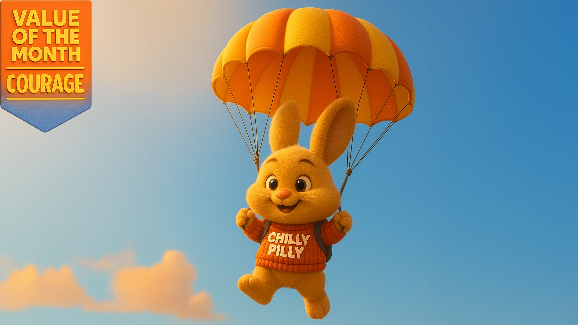 CMIS School bunny Chilly Pilly parachuting with courage banner.