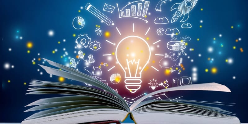 An open book with creative icons like a light bulb emerging, symbolizing fostering creativity beyond the curriculum.
